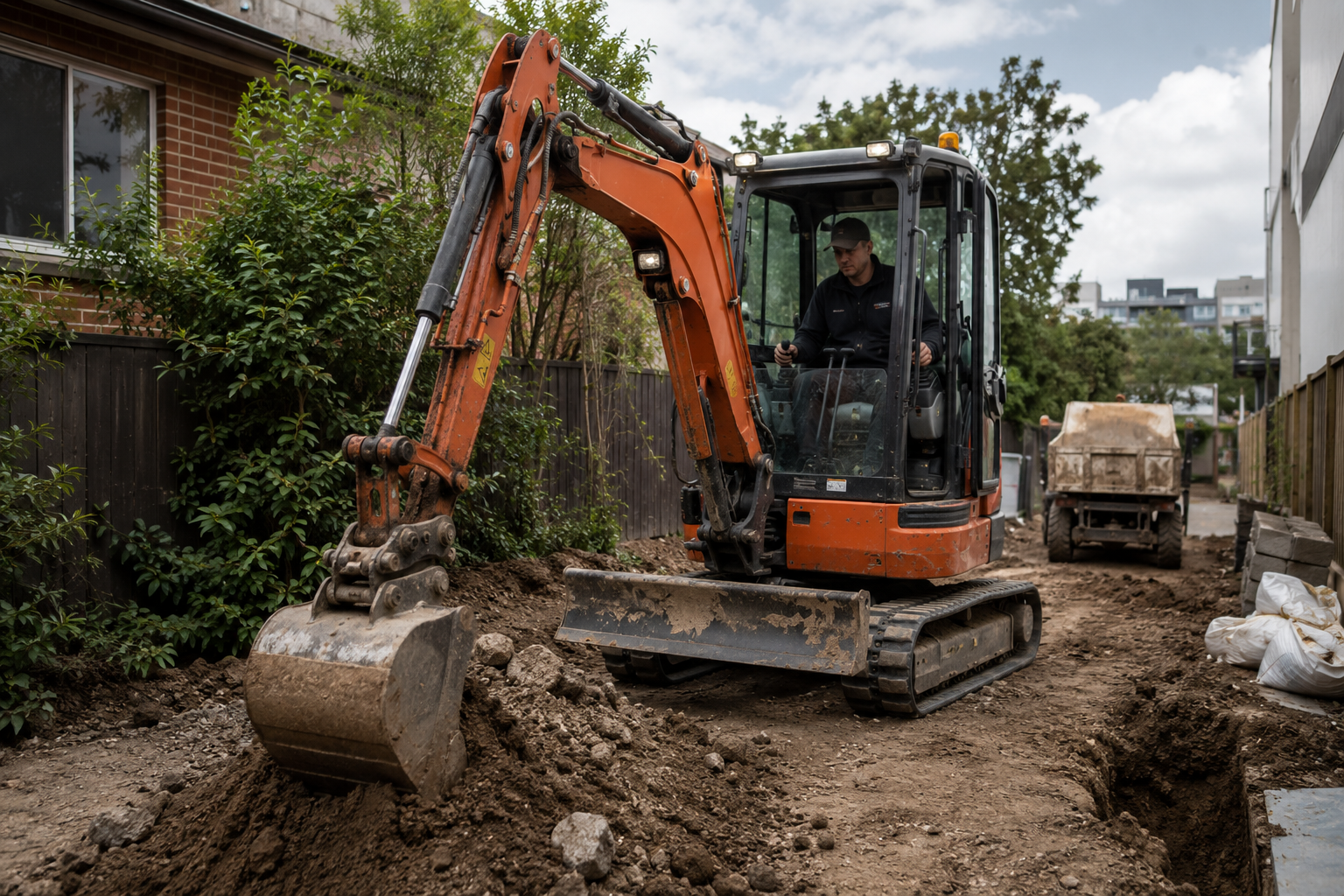 Compact excavator operating on a residential construction site as part of equipment hire services in Sydney.