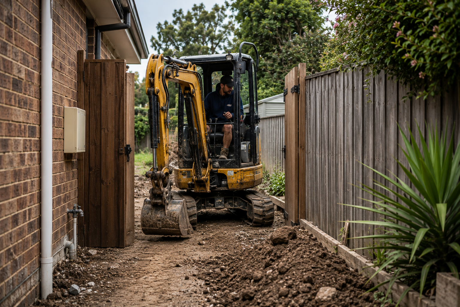 Compact excavator moving through a narrow side-access beside a residential property using equipment hire in Sydney.