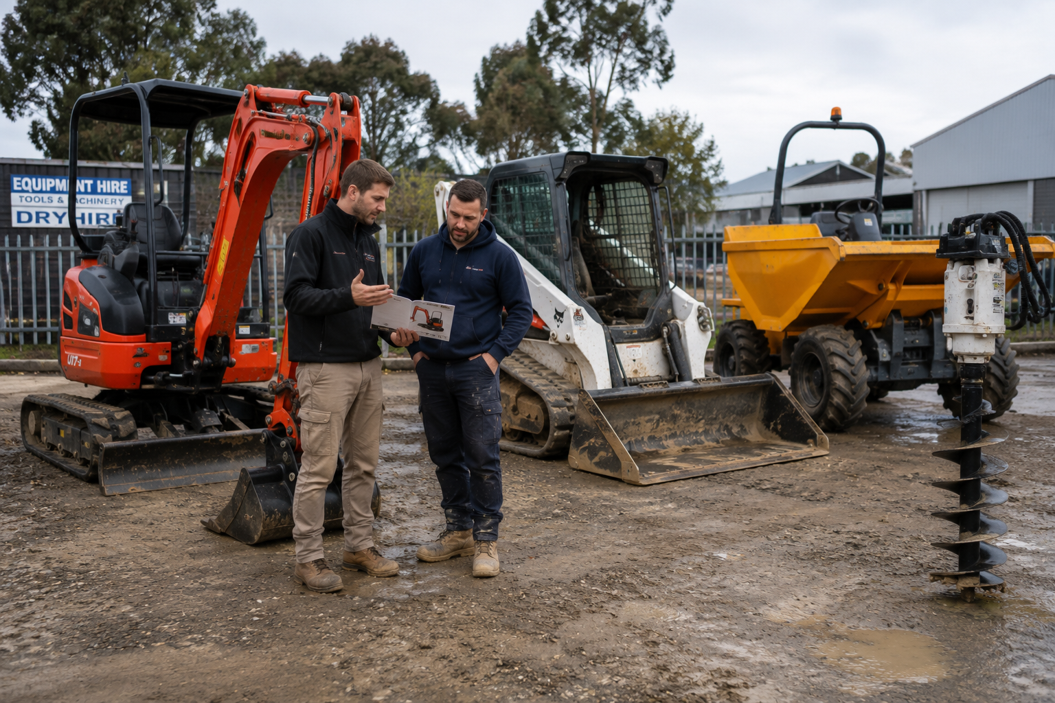 Contractor standing beside mini excavator, tracked loader, site dumper and auger available for dry equipment hire in Sydney.