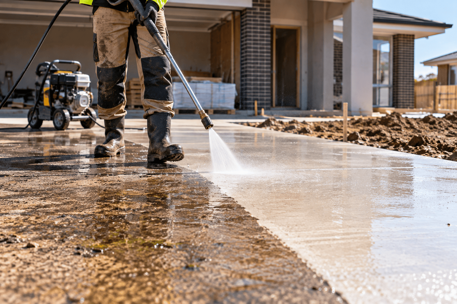Driveway Pressure Washing After Construction Pressure washing concrete driveway to remove construction dust and site grime