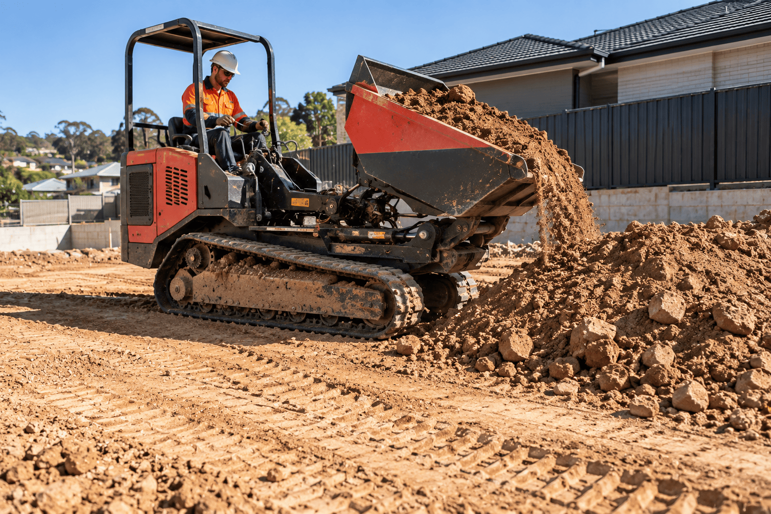  Tracked dumper moving soil across a Western Sydney earthmoving site