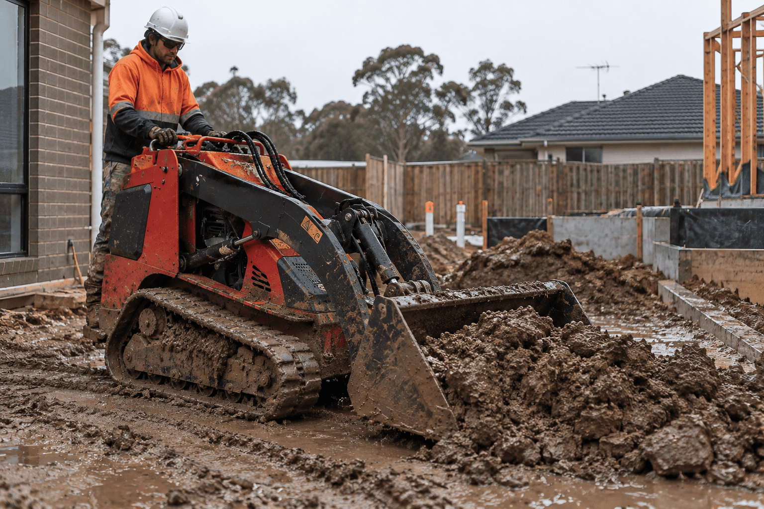  Tracked mini excavator working on soft ground during wet season in Sydney